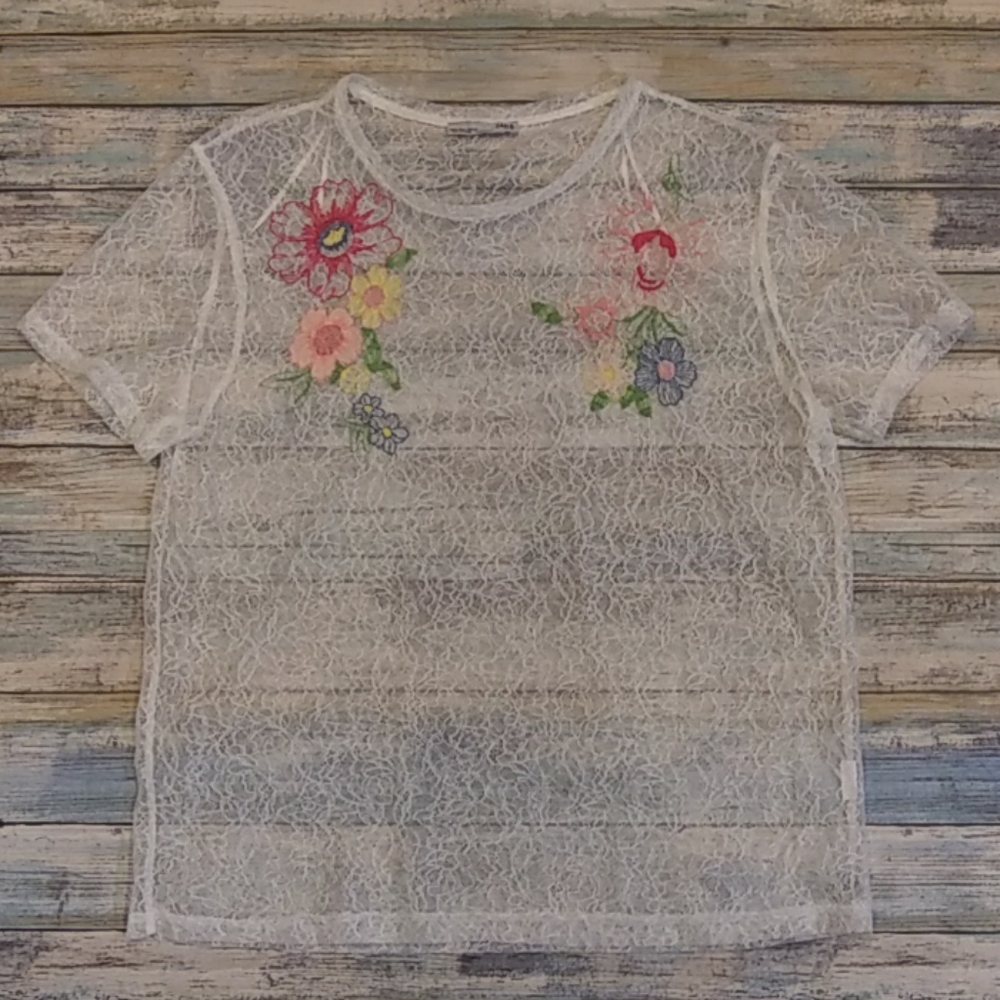 Zara White Mesh Lace Floral Embroidered Blouse - Picture 2 of 6